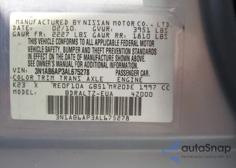 2010 Nissan Sentra 2.0Sr from USA, damaged, VIN 3N1AB6AP3AL675278
